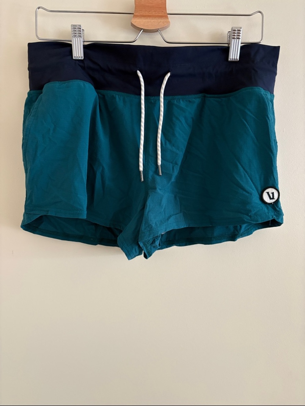 Vuori Teal Active Shorts with Navy Waistband and White Drawcords